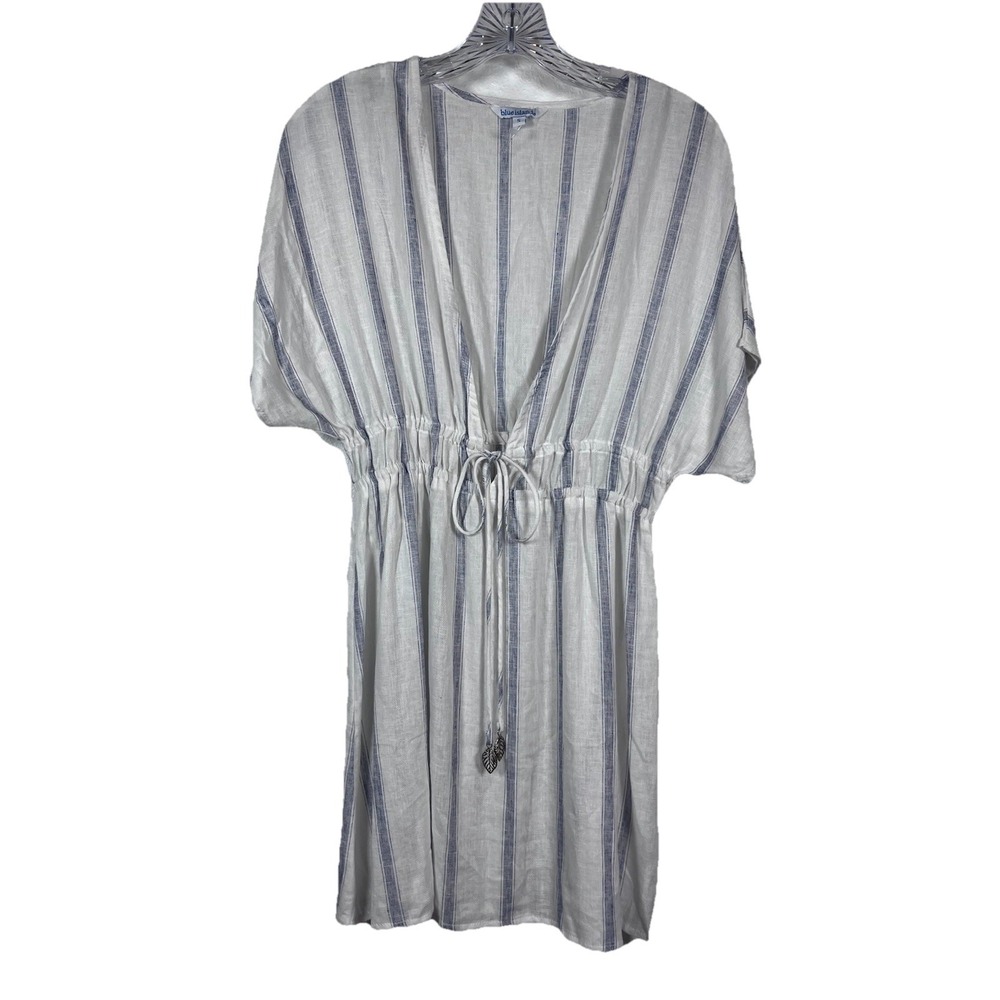 BLUE ISLAND Sz S White Stripe Swim Coverup Linen Blend Dress Beach Cruise NWOT